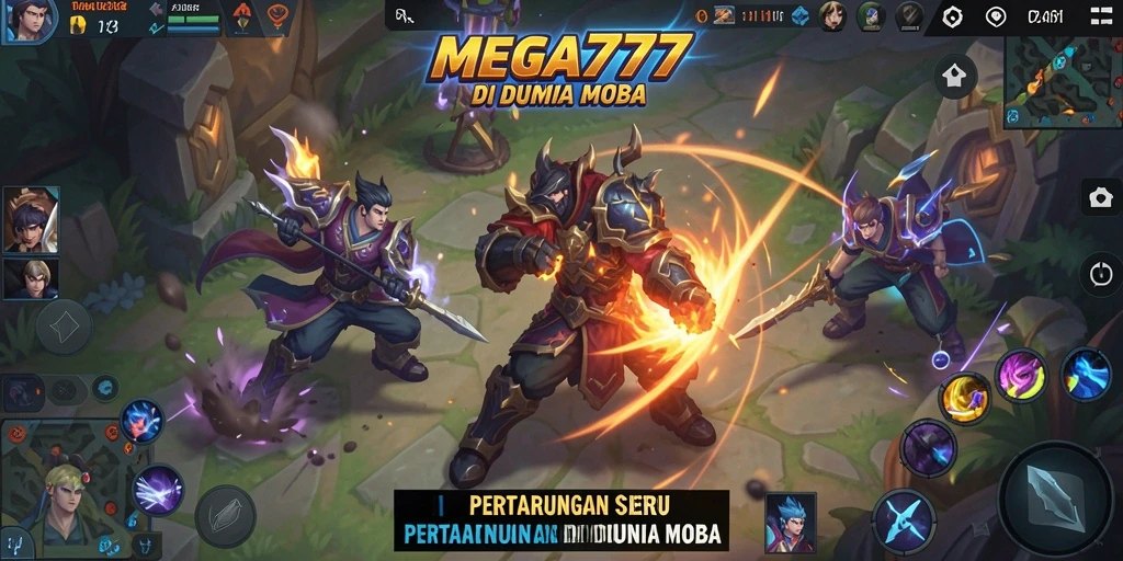 Screenshot gameplay MOBA MEGA777 yang menampilkan pertempuran antara tim.