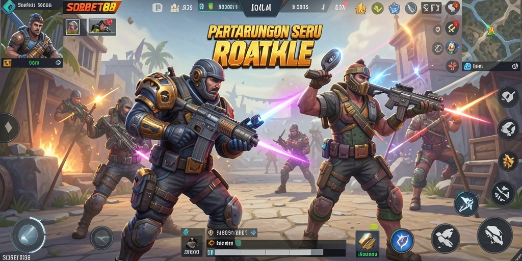 Screenshot game SOBET88 menampilkan aksi seru di medan perang Battle Royale.