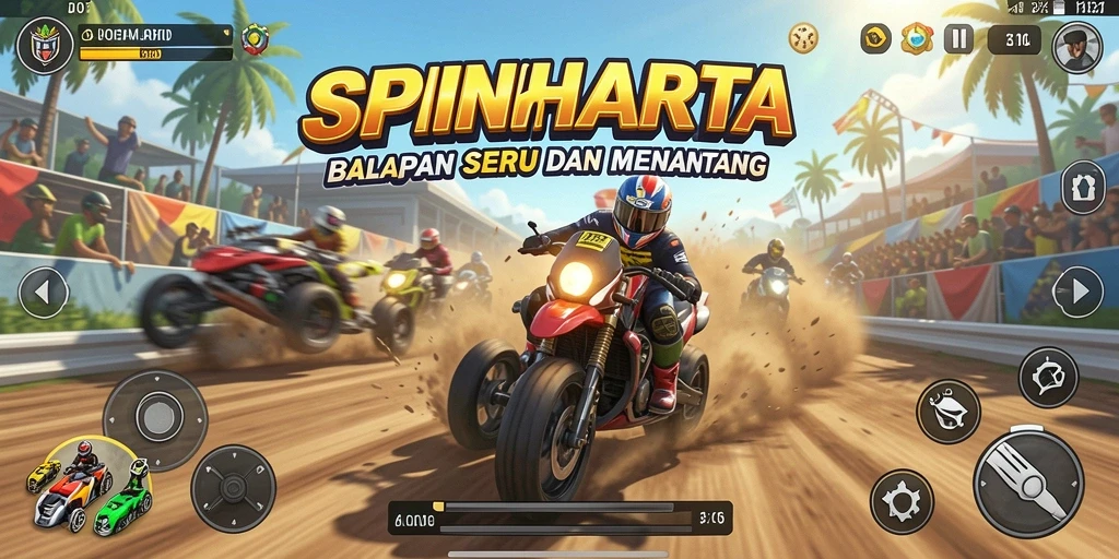 Gameplay SPINHARTA dengan mobil balap cepat dan trek menantang.