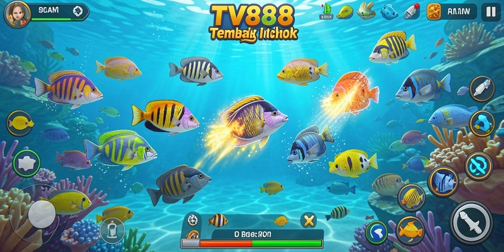 Screenshot utama TV888 menunjukkan aksi menembak ikan yang seru.